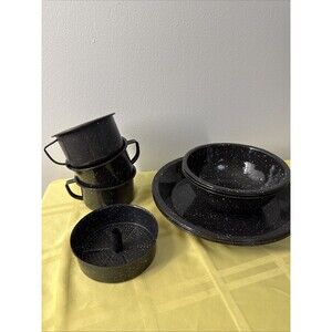 Camping Dining Set Black Speckled Enamelware 11 Pieces Plates Bowls Cups